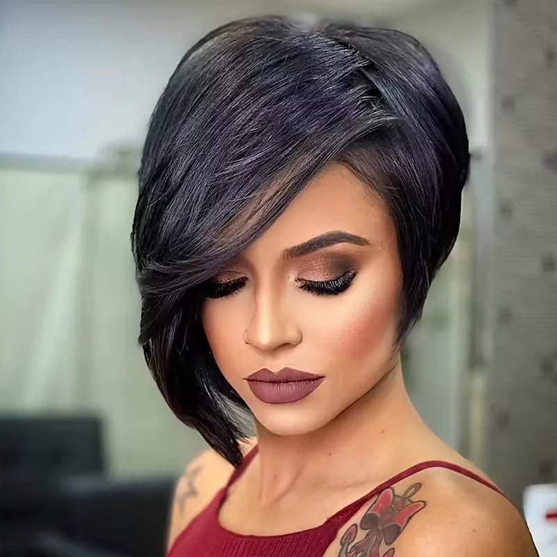 Short Layered Full Machine Made Pixie Wig With Bangs 100 Percent Human Hair Brazilian Remy Daily Wear For Women by Beauty Bae
