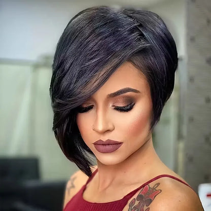 Short Layered Full Machine Made Pixie Wig With Bangs 100 Percent Human Hair Brazilian Remy Daily Wear For Women by Beauty Bae