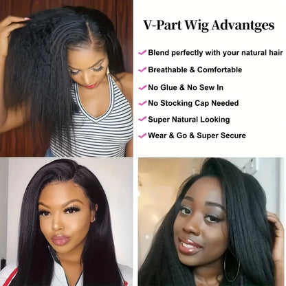 Two Hundred Fifty Percent Density Kinky Straight V Part Wig Glueless Human Hair Brazilian Remy Wig Natural Black by Beauty Bae