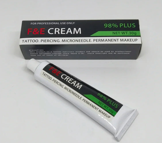F&E 98% Pre-PMU Cream 30g tube labeled 98% F&E 2024 formula for microblading eyebrow lip and piercing prep