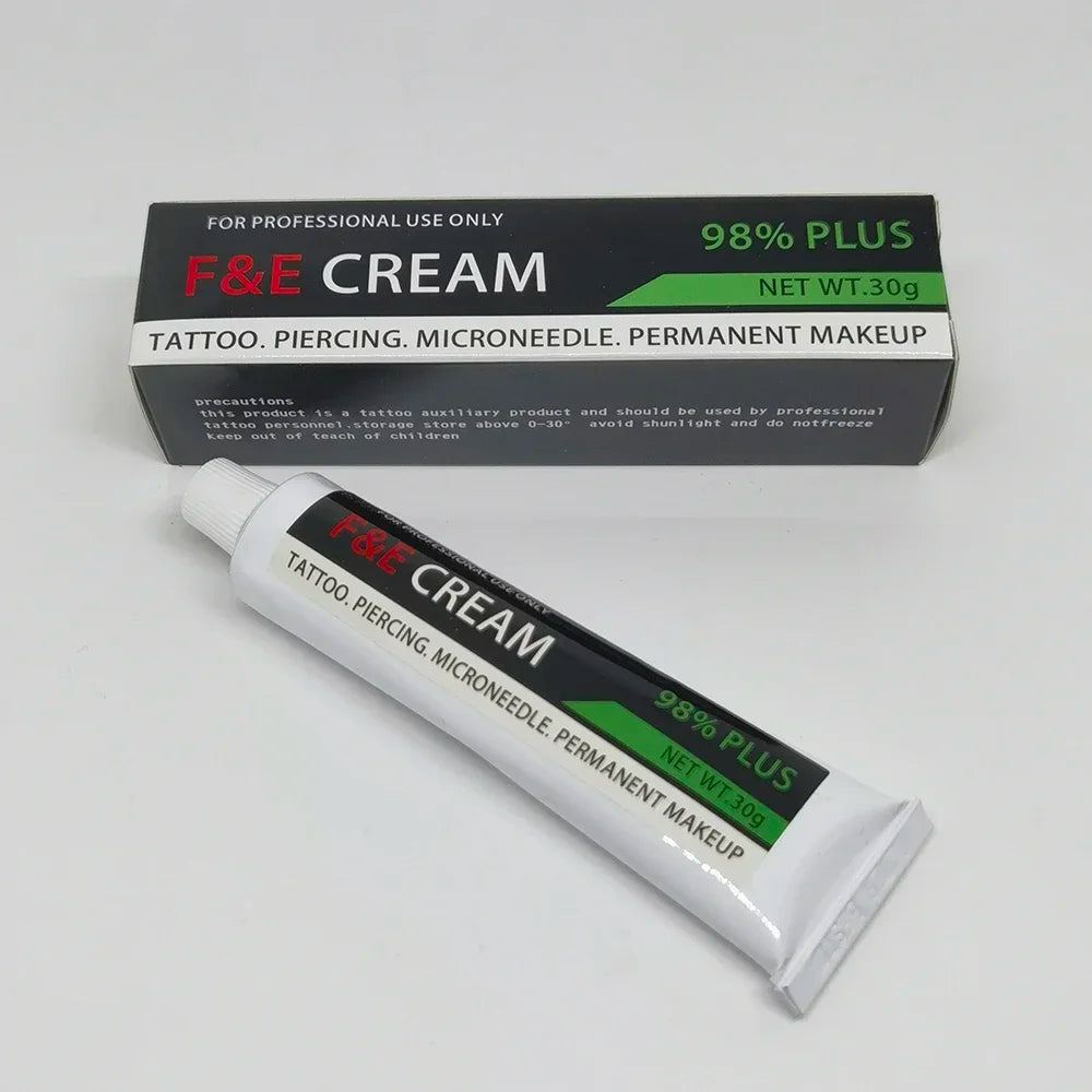 F&E 98% Pre-PMU Cream 30g tube labeled 98% F&E 2024 formula for microblading eyebrow lip and piercing prep