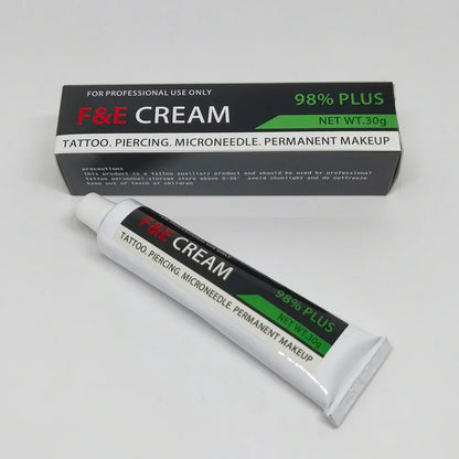 F&E 98% Pre-PMU Cream 30g tube labeled 98% F&E 2024 formula for microblading eyebrow lip and piercing prep