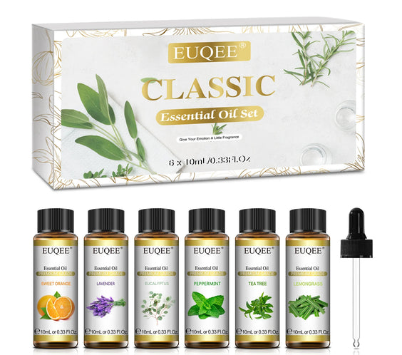 Lavender Eucalyptus 6pc Oils 6x10ml bottles with dropper in EUQEE gift box labeled individual scents