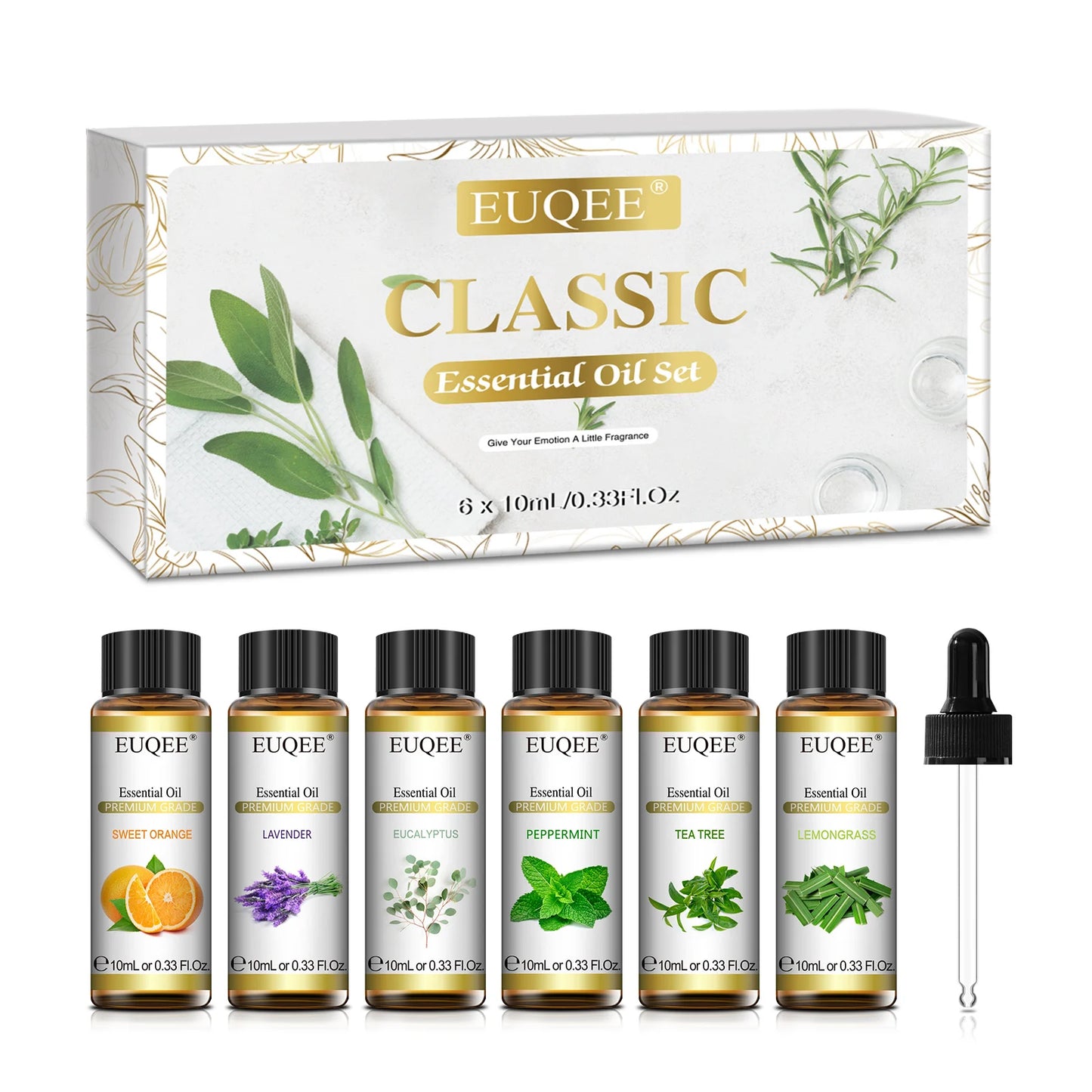 Lavender Eucalyptus 6pc Oils 6x10ml bottles with dropper in EUQEE gift box labeled individual scents