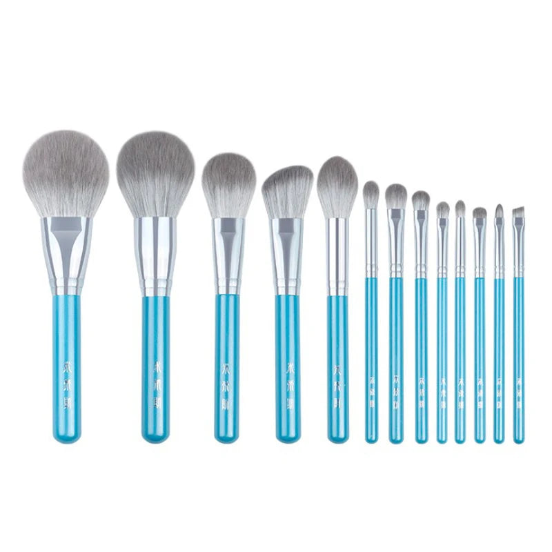 13pc Blue Makeup Brush Set with synthetic bristles blue ergonomic handles full-size powder blusher sculpting eyeshadow and lip brushes