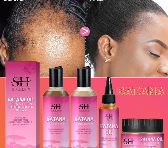 Batana Hair Oil 3-piece set with concentrated oil bottle and matching shampoo and conditioner showing ingredient labels
