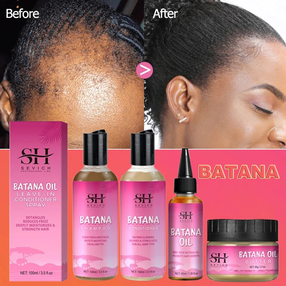 Batana Hair Oil 3-piece set with concentrated oil bottle and matching shampoo and conditioner showing ingredient labels