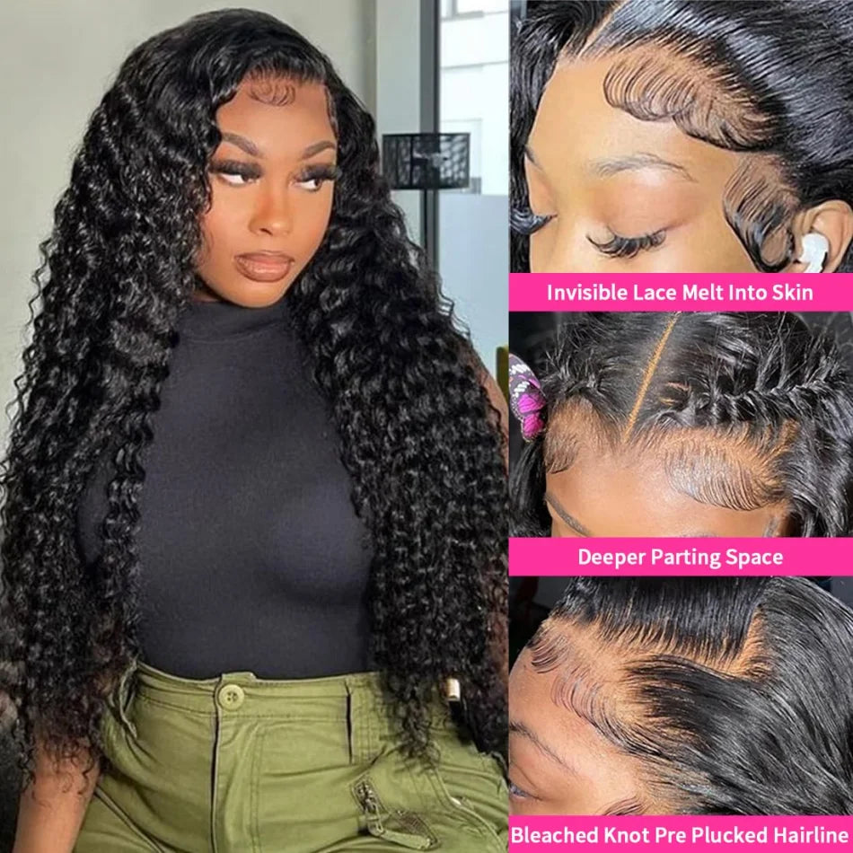 Swiss Lace Deep Wave Glueless HD Lace Frontal Wig 13X6 Brazilian Remy Hair 30 To 40 Inch Preplucked Natural Black by Beauty Bae