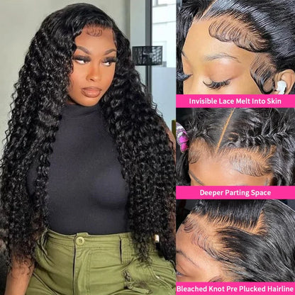 Swiss Lace Deep Wave Glueless HD Lace Frontal Wig 13X6 Brazilian Remy Hair 30 To 40 Inch Preplucked Natural Black by Beauty Bae