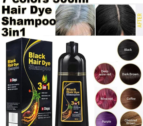 3-in-1 Herbal Black Hair Dye shampoo bottle and 30ml ampoules labeled CPNP certified 15-20 min color