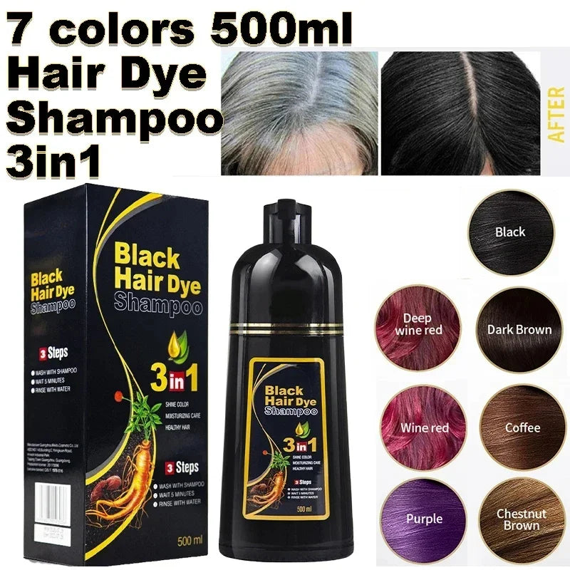 3-in-1 Herbal Black Hair Dye shampoo bottle and 30ml ampoules labeled CPNP certified 15-20 min color