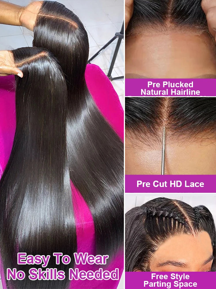 40 Inch Natural Black Glueless Lace Front Wig For Women 13x6 360 HD Lace Frontal Bone Straight Remy Human Hair by Beauty Bae