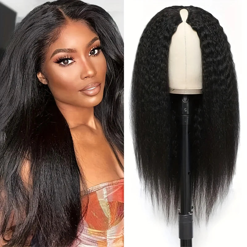 Two Hundred Fifty Percent Density Kinky Straight V Part Wig Glueless Human Hair Brazilian Remy Wig Natural Black by Beauty Bae