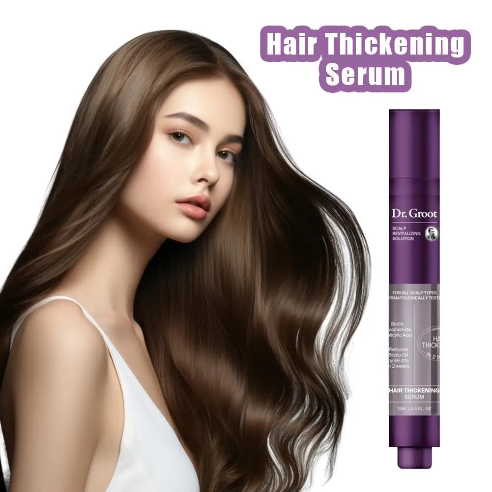 15ml Hair Thickening Serum bottle with dropper applicator labeled fast-absorbing scalp treatment for thinning hair