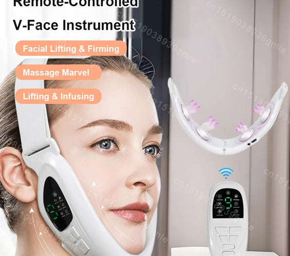 Voguish EMS V Face LED Chin Massager with adjustable V-belt USB rechargeable plastic body 5 LED colors 7 vibration speeds