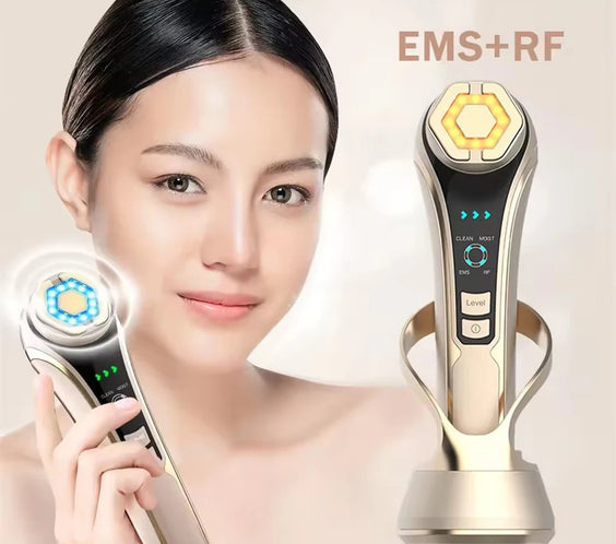RF EMS Facial Tightener MR-16 handheld device showing RF EMS probes red/blue LED control buttons 23x21x9cm