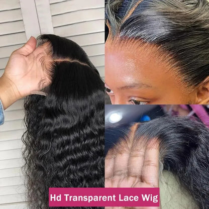 Swiss Lace Deep Wave Glueless HD Lace Frontal Wig 13X6 Brazilian Remy Hair 30 To 40 Inch Preplucked Natural Black by Beauty Bae