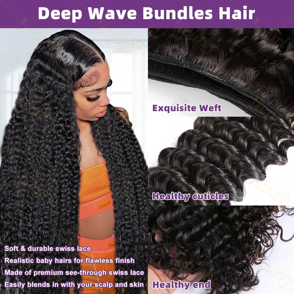 Remy Deep Wave Water Wave Brazilian Hair Bundles 30 Inch Virgin 100 Percent Human Hair by Beauty Bae
