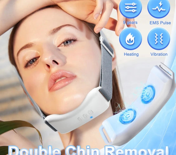 V-Line EMS Chin Lift Belt showing foldable metal frame adjustable strap USB charging port and silicone contact pads