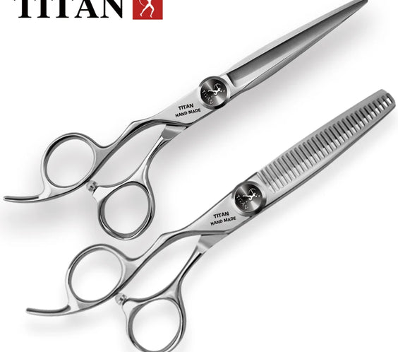 TITAN Left 6in VG0 scissors with VG0 stainless blades 30-tooth thinning blade adjustable black tension screw LT left-hand model