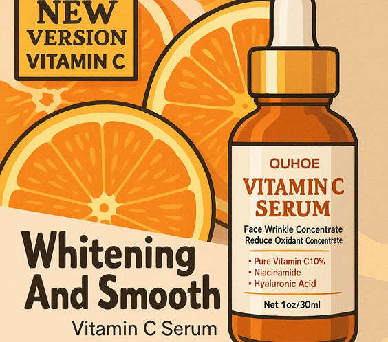 Vitamin C oil-based face serum 10ml bottle labeled ouhoe small dropper for brightening and anti-aging