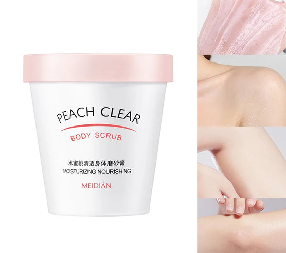 Peach Extract Cream Scrub jar with cream formula label showing 3-year shelf life Made in Mainland China