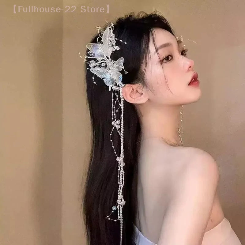 【MAX-22】Long Butterfly Beaded Tassel Hair Clip For Women Fairy Temperament Sweet Princess Hairpin Bride Hair Accessories by Beauty Bae