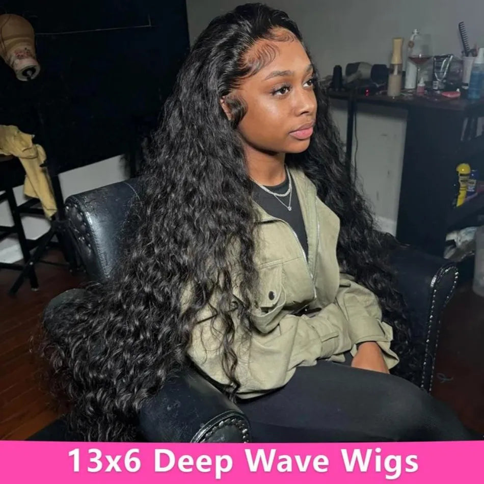 Swiss Lace Deep Wave Glueless HD Lace Frontal Wig 13X6 Brazilian Remy Hair 30 To 40 Inch Preplucked Natural Black by Beauty Bae