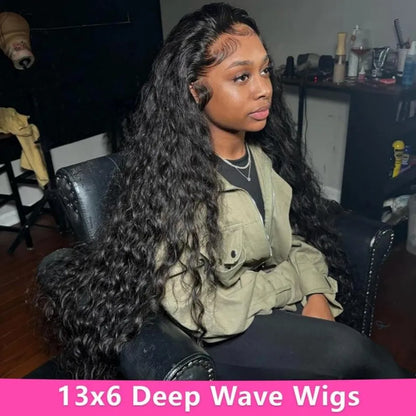 Swiss Lace Deep Wave Glueless HD Lace Frontal Wig 13X6 Brazilian Remy Hair 30 To 40 Inch Preplucked Natural Black by Beauty Bae