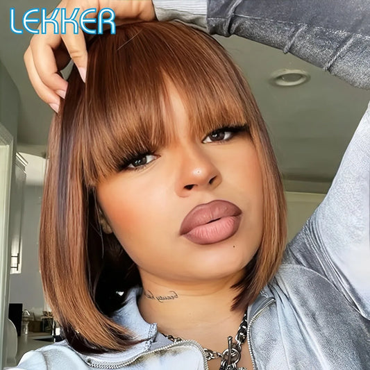 Lekker Ombre Brown Short Straight Bob Wig 100 Percent Human Hair With Bangs For Women Brazilian Remy Hair Machine Made by Beauty Bae