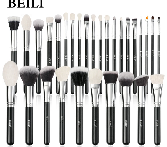 BEILI 30pc brush set fanned black wood handles goat hair pony hair nano fiber synthetic bristles heads 0.5-5.0 cm