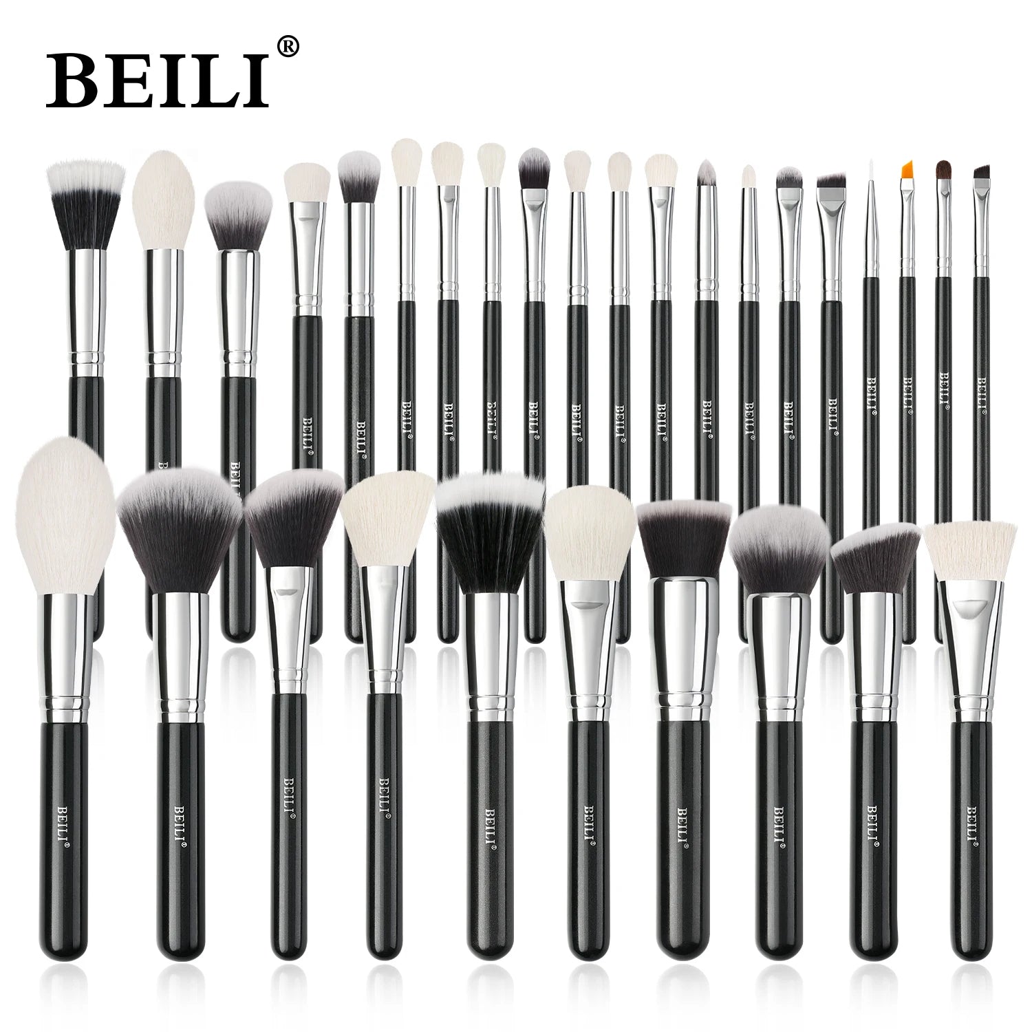BEILI 30pc brush set fanned black wood handles goat hair pony hair nano fiber synthetic bristles heads 0.5-5.0 cm