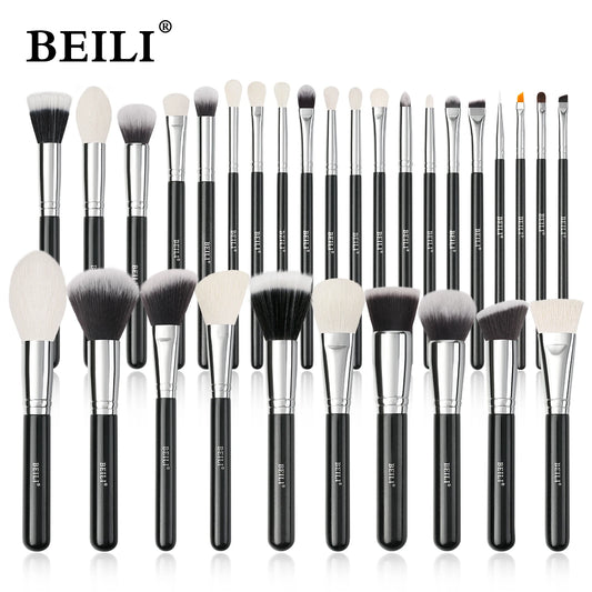 BEILI 30pc brush set fanned black wood handles goat hair pony hair nano fiber synthetic bristles heads 0.5-5.0 cm
