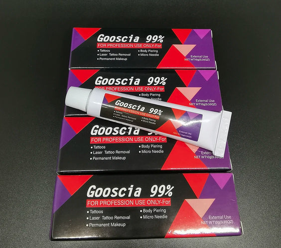 99% Gooscia Tattoo Prep Cream 10g tube with white cap label stating 99% formula and no high-concern chemicals
