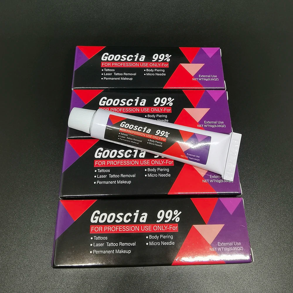 99% Gooscia Tattoo Prep Cream 10g tube with white cap label stating 99% formula and no high-concern chemicals