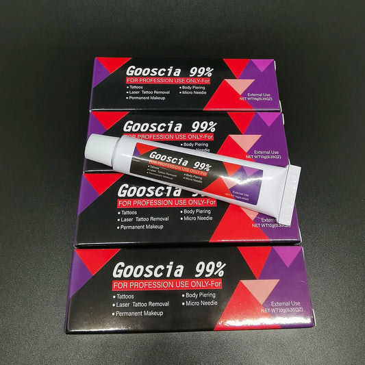 99% Gooscia Tattoo Prep Cream 10g tube with white cap label stating 99% formula and no high-concern chemicals