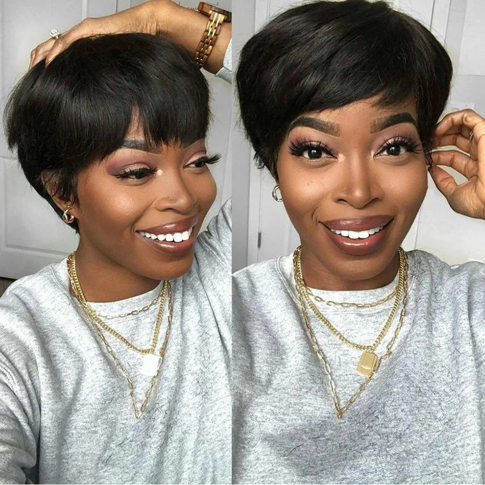 Short Virgin Brazilian Human Hair Wig Pixie Cut Straight For Black Women With Bangs Glueless Machine Made by Beauty Bae
