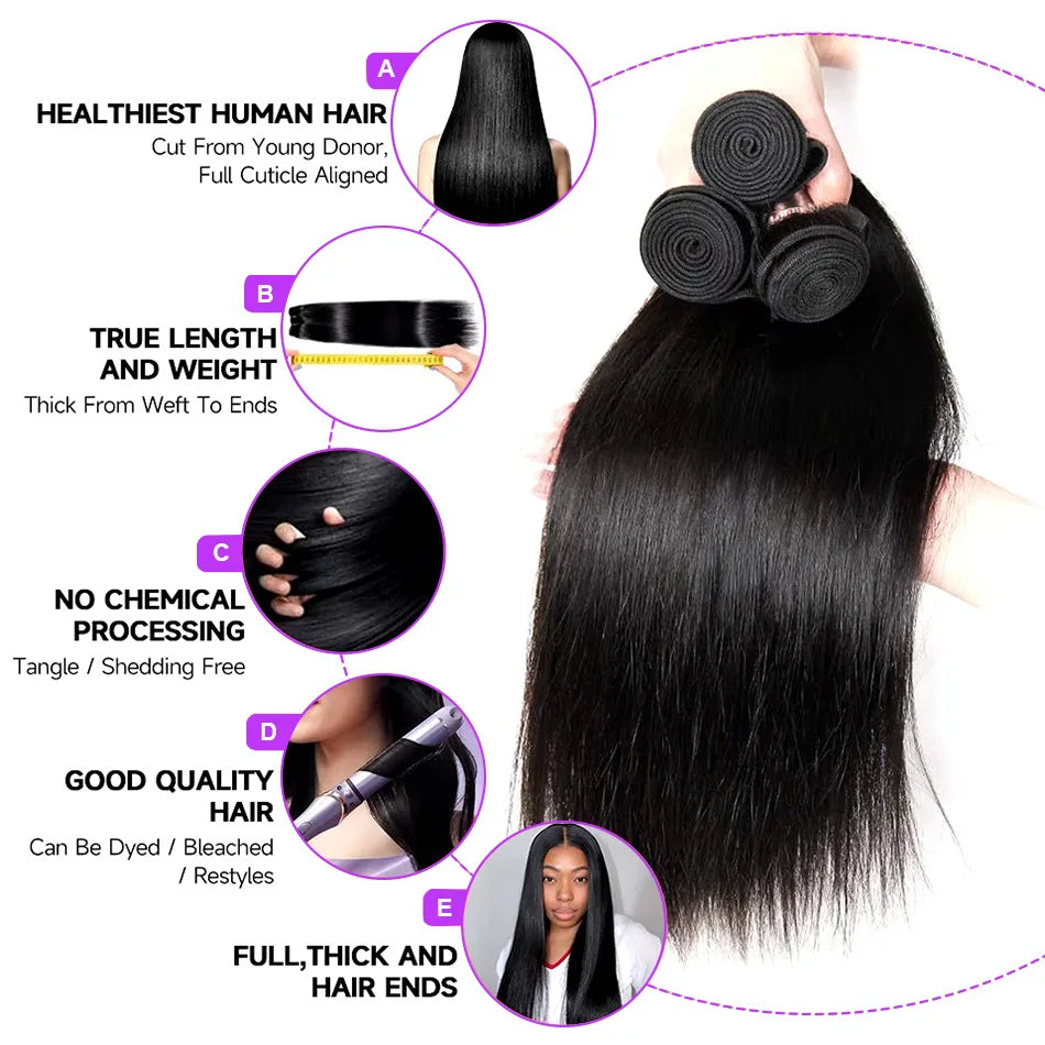 38 To 40 Inch Bone Straight 100 Percent Weave Human Hair Bundles Brazilian Virgin Unprocessed Black 3 To 4 Bundle Deals by Beauty Bae