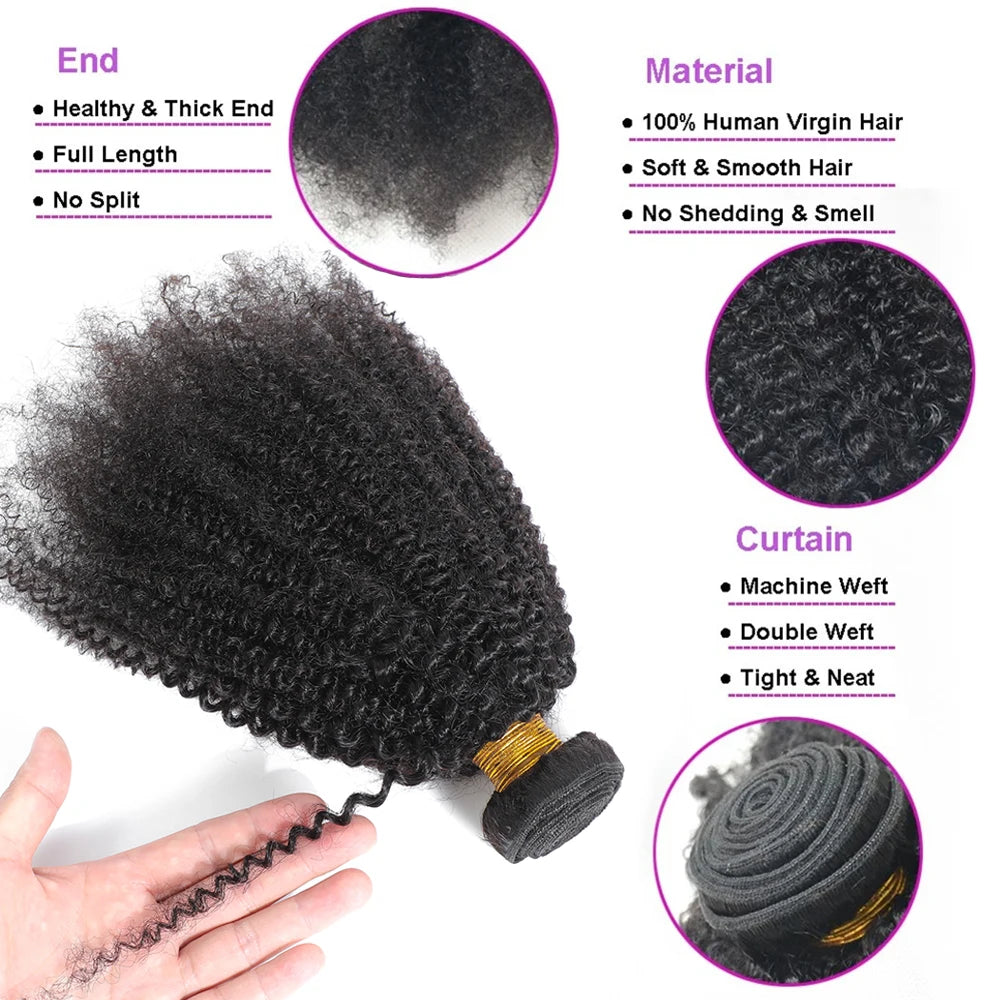Raw Indian Afro Kinky Curly Human Hair Bundles 4B 4C Virgin Natural Curly Weave Extensions 100 Percent Soft by Beauty Bae