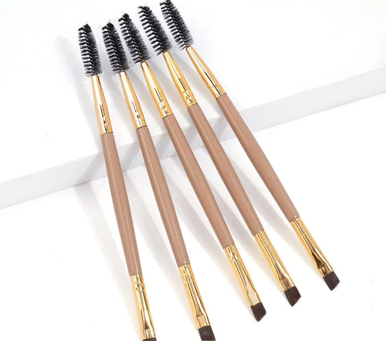 Double-Ended Brow Brush Set 5 brushes synthetic bristles angled brow brush spoolie lash comb aluminum ferrules compact handles