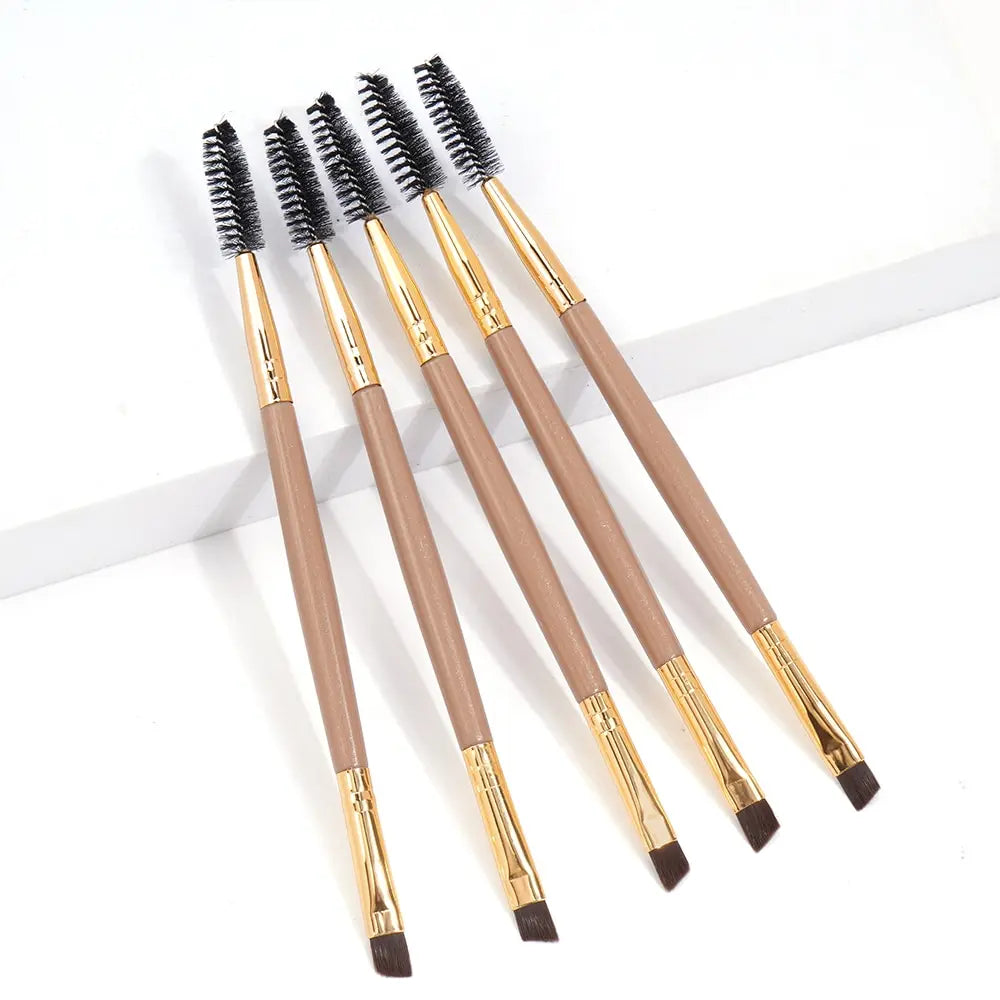 Double-Ended Brow Brush Set 5 brushes synthetic bristles angled brow brush spoolie lash comb aluminum ferrules compact handles