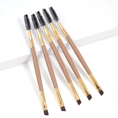 Double-Ended Brow Brush Set 5 brushes synthetic bristles angled brow brush spoolie lash comb aluminum ferrules compact handles