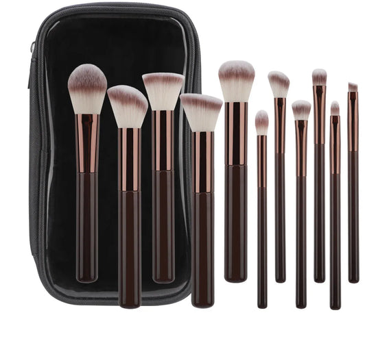 11pc Wood-Handle Makeup Brush Set with nylon bristles full-size handles and zip storage bag