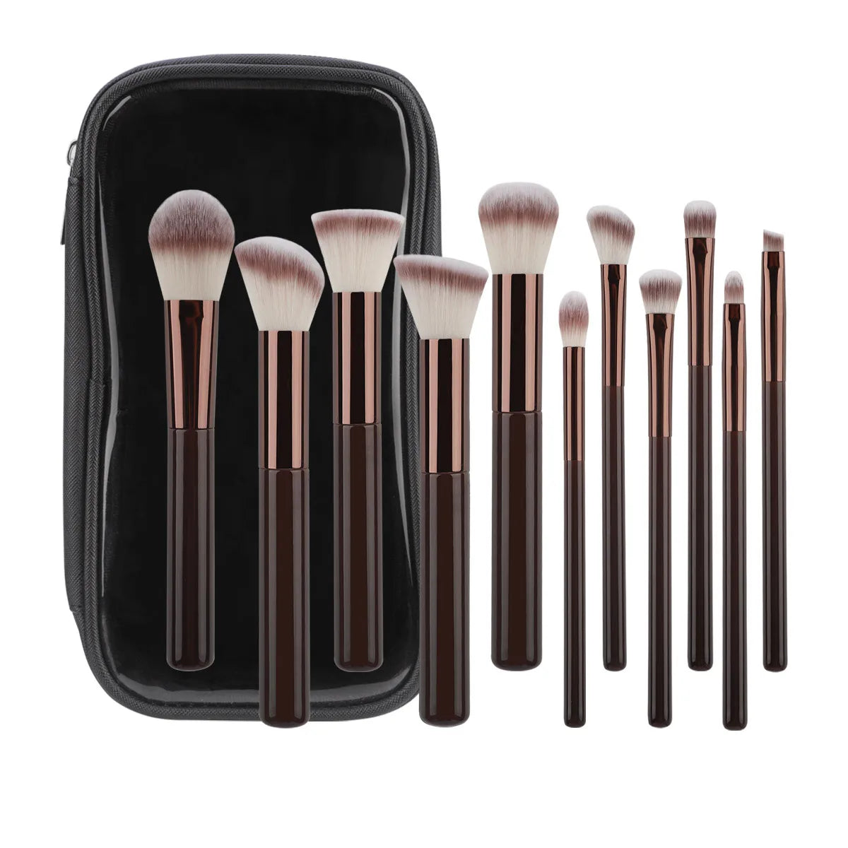11pc Wood-Handle Makeup Brush Set with nylon bristles full-size handles and zip storage bag