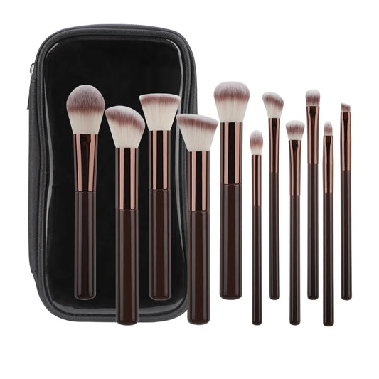 11pc Wood-Handle Makeup Brush Set with nylon bristles full-size handles and zip storage bag