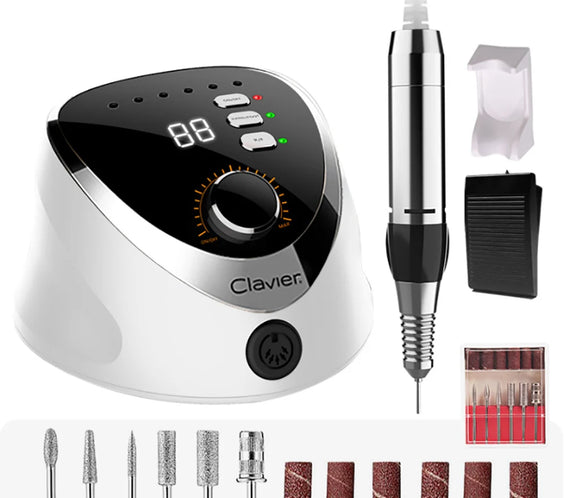 Clavier FX820 65W nail drill with twist-lock acrylic handle compact base foot pedal and six cutting bits