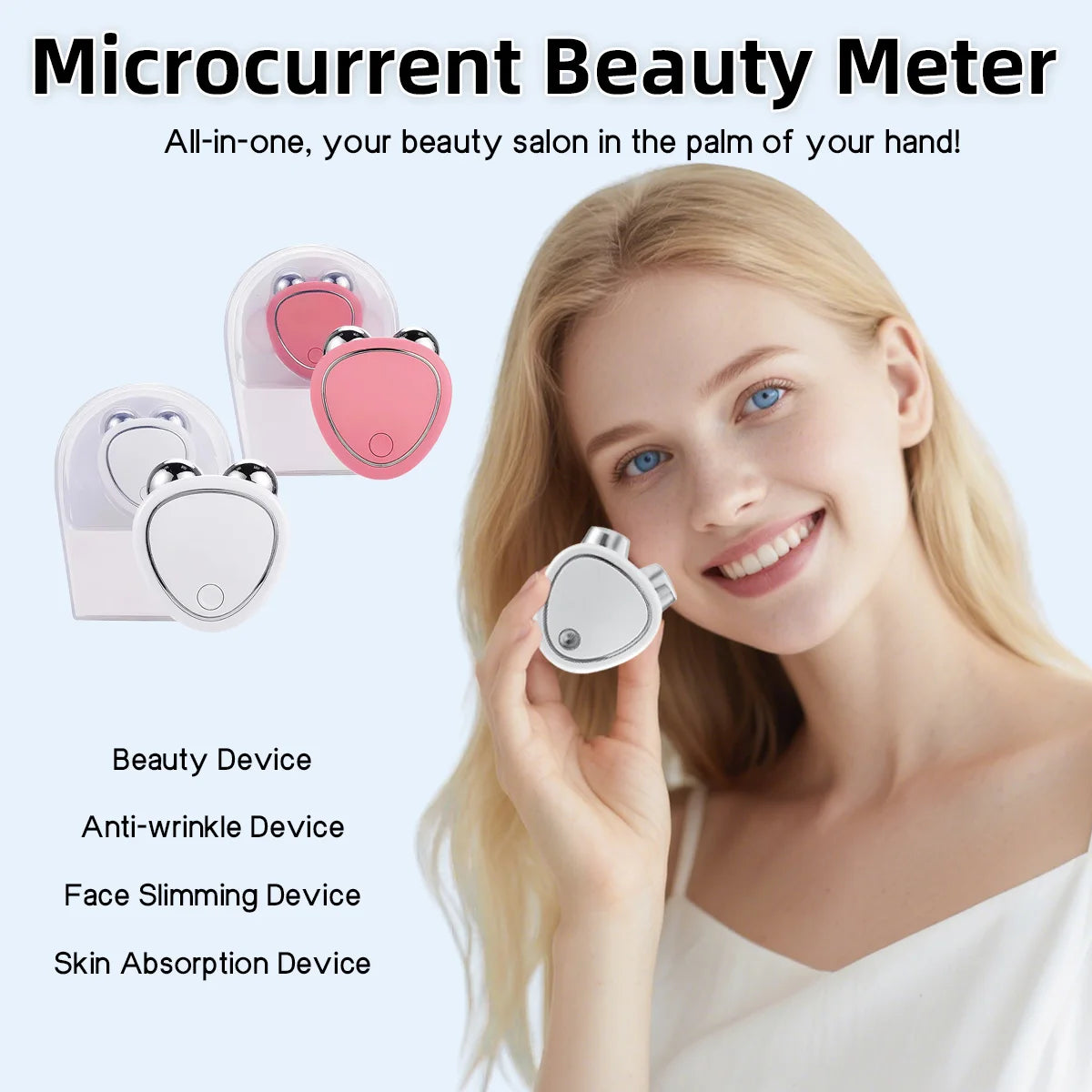 EMS Microcurrent 3D Face Roller heart-shaped metal dual rollers compact 5.7x5.2x2.4cm with USB cable