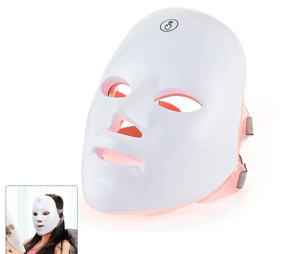 Wireless 7-Color LED face and neck mask white plastic shell showing LED array and neck coverage cordless design