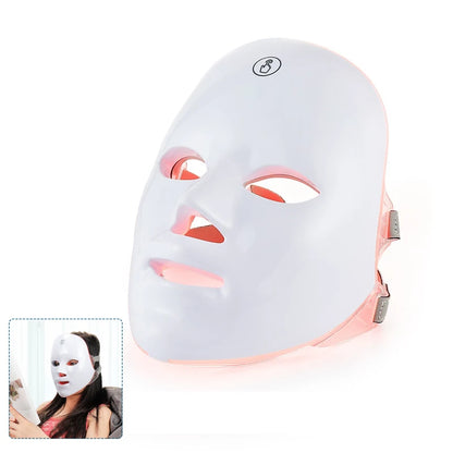 Wireless 7-Color LED face and neck mask white plastic shell showing LED array and neck coverage cordless design