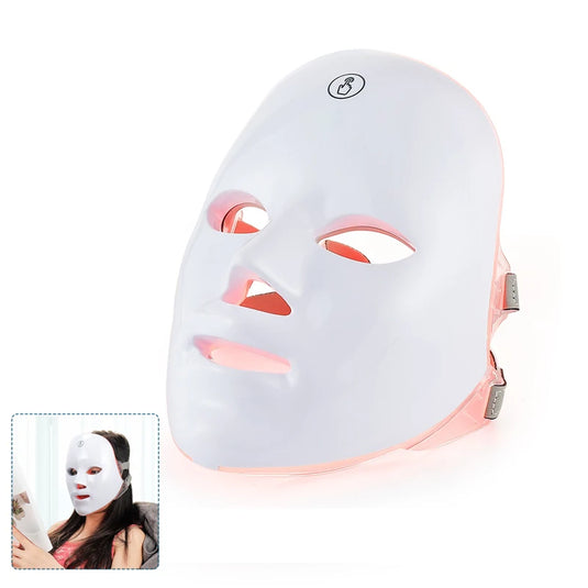 Wireless 7-Color LED face and neck mask white plastic shell showing LED array and neck coverage cordless design
